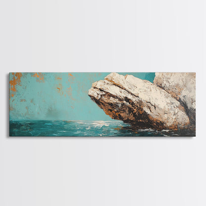 Coastal Rock Formation Framed Canvas Print, Ocean Cliff Painting, Nautical Wall Art, Beach House Decor, Textured Landscape Artwork