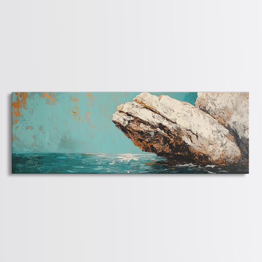 Coastal Rock Formation Framed Canvas Print, Ocean Cliff Painting, Nautical Wall Art, Beach House Decor, Textured Landscape Artwork