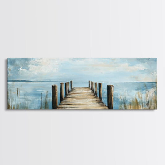Lake Dock, Peaceful Water Scene, Serene Landscape, Rustic Nature Painting, Minimalist Home Decor, Canvas Print, Framed Canvas Print