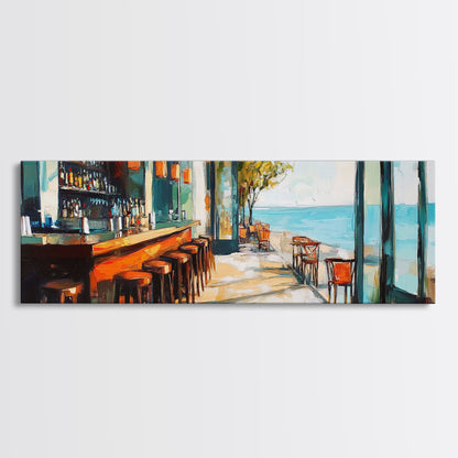 Coastal Beach Bar Framed Canvas Print Modern Seaside Cafe Painting, Coastal Kitchen Wall Art, Tropical Decor, Ocean View Artwork