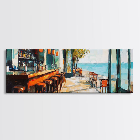 Coastal Beach Bar Framed Canvas Print Modern Seaside Cafe Painting, Coastal Kitchen Wall Art, Tropical Decor, Ocean View Artwork