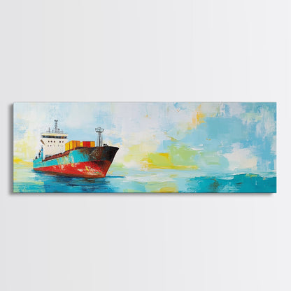 Cargo Ship Ocean Framed Canvas Print Nautical Wall Art, Maritime Decor, Industrial Seascape Painting, Coastal Living Room Artwork
