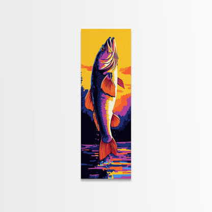 Jumping Fish, Bass Fishing Art, Vibrant Lake Scene, Bold Outdoor Wall Decor, Cabin Aesthetic, Nature Lover Gift, Framed Canvas Print
