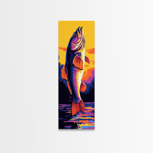 Jumping Fish, Bass Fishing Art, Vibrant Lake Scene, Bold Outdoor Wall Decor, Cabin Aesthetic, Nature Lover Gift, Framed Canvas Print
