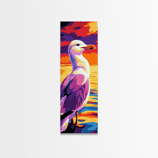 Seagull Portrait, Coastal Wildlife Art, Ocean Sunset Scene, Framed Canvas Print, Nautical Wall Decor, Beach House Artwork, Vibrant Colors