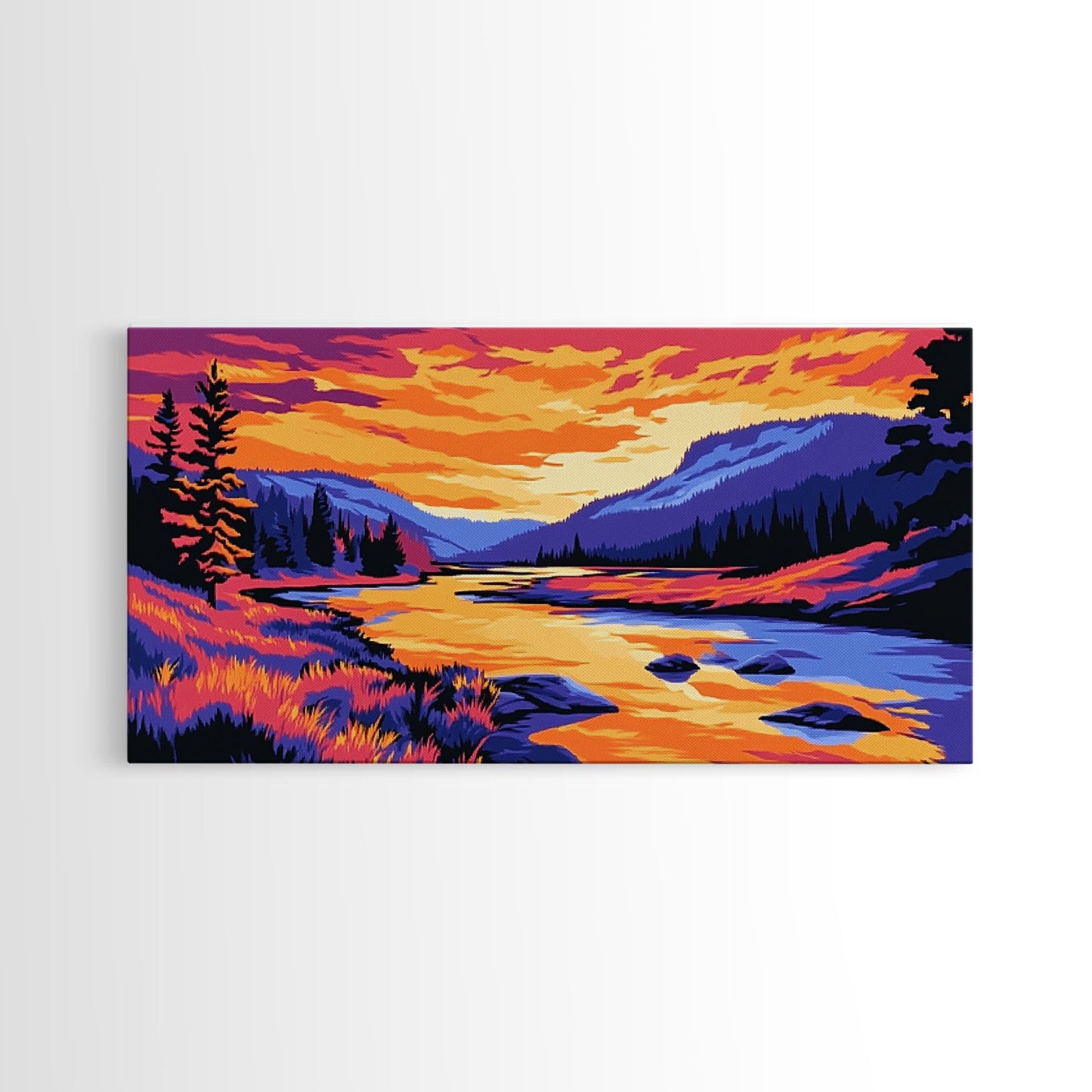 „Bergfluss im Glanz“, Leinwanddruck, Ruhige Landschaftskunst, Lebendige Naturszene, Rustikale Wanddekoration, Wohnzimmerkunst, Hüttenästhetik