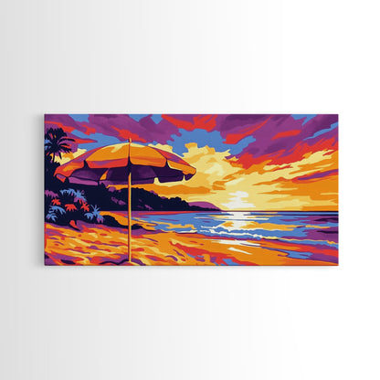 Beach Umbrella, Coastal Sunset Art, Vibrant Ocean Scene, Warm Tropical Decor, Beach Print, Canvas Print, Bedroom Wall Art, Lounge Art