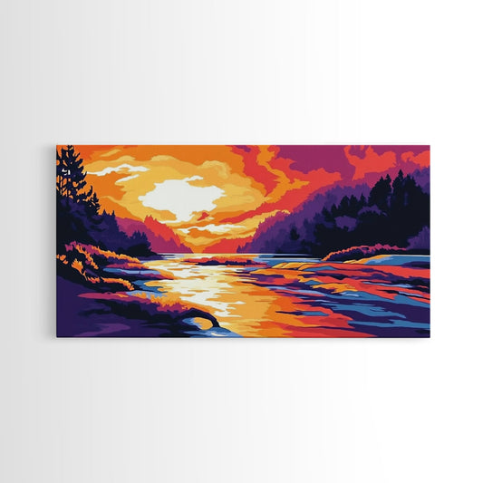 Flowing River, Sunset Horizon, Framed Canvas Print, Warm Autumn Colors, Cozy Cabin Wall Art, Lodge Home Decor, Rustic Painting