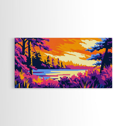 Forest Lake, Autumn Sunset, Vibrant Nature Scene, Rustic Cabin Wall Art, Cozy Home Aesthetic, Framed Canvas Print