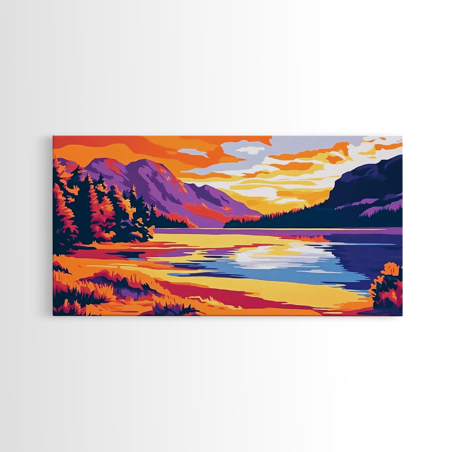 Mountain Lake, Sunset Wall Art, Nature Scene, Vibrant Colors, Rustic Decor, Modern Wilderness, Living Room, Canvas Print