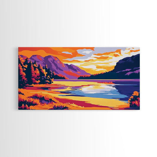 Mountain Lake, Sunset Wall Art, Nature Scene, Vibrant Colors, Rustic Decor, Modern Wilderness, Living Room, Canvas Print