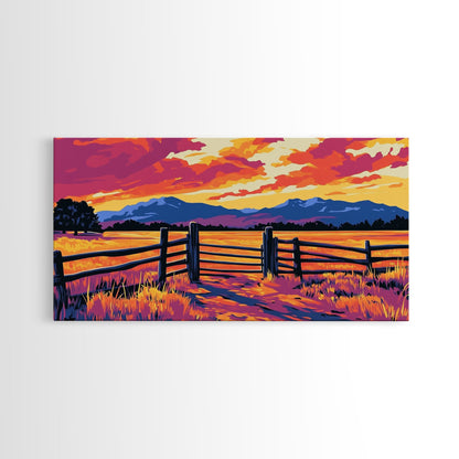 Rustic Fence, Prairie Landscape, Western Wall Art, Golden Fields, Warm Sunset, Country Aesthetic, Entryway, Canvas Print