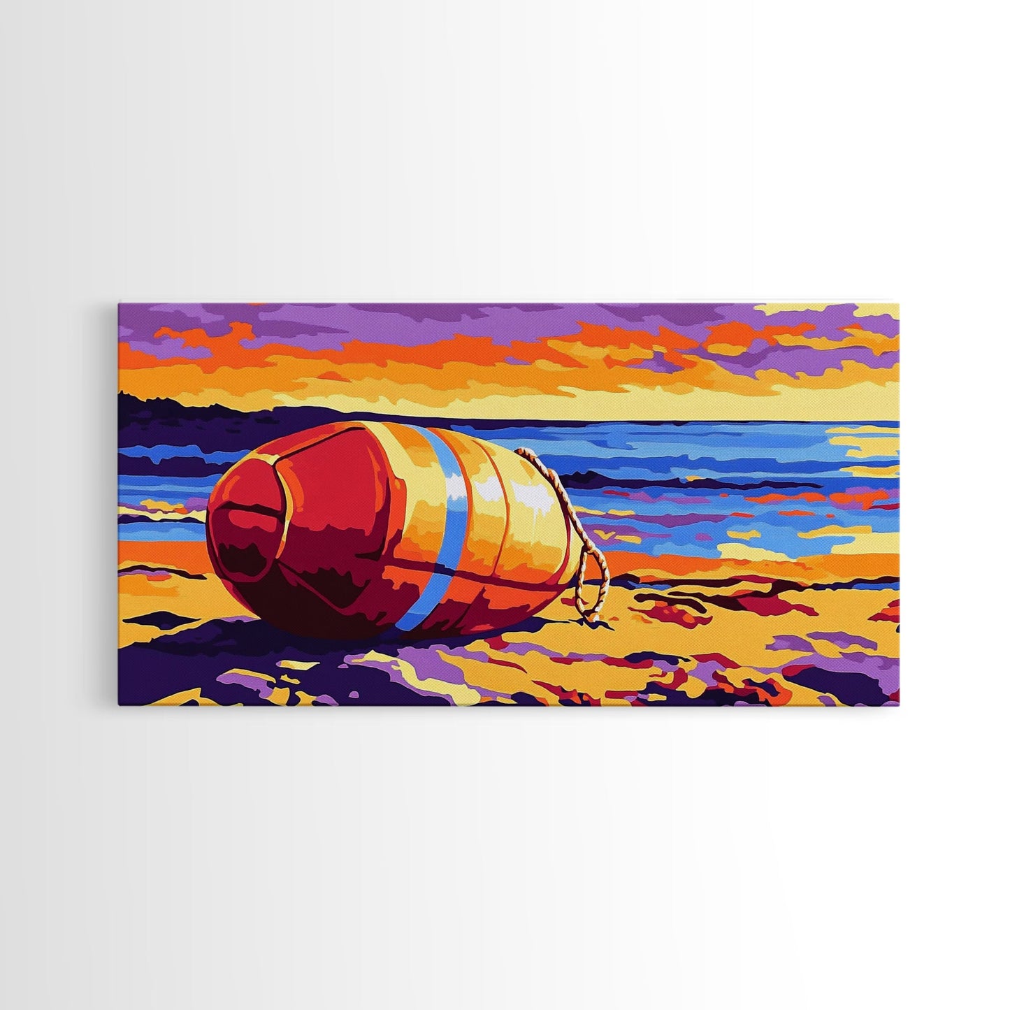 Beach Buoy, Coastal Sunset Painting, Vibrant Nautical Art, Ocean Shore Decor, Framed Canvas Print, Bathroom Wall Art, Beach House Style
