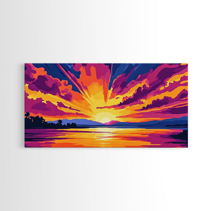 Vibrant River Sunset, Colorful Landscape Wall Art, Warm Nature Print, Bold Sky Painting, Autumn Home Decor, Framed Canvas Print