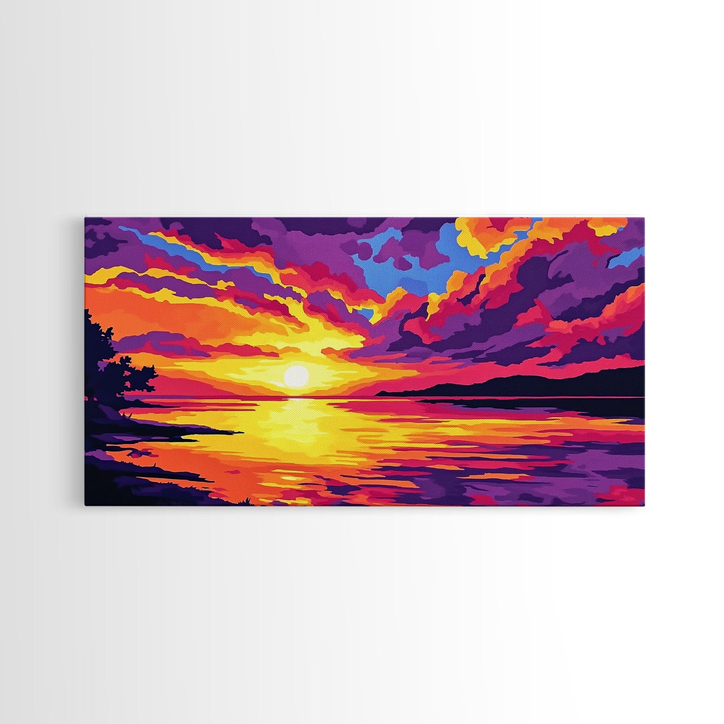 Dramatic Beach Sunset, Vibrant Sky Art, Colorful Coastal Print, Bold Nature Painting, Modern Home Wall Decor, Framed Canvas Print