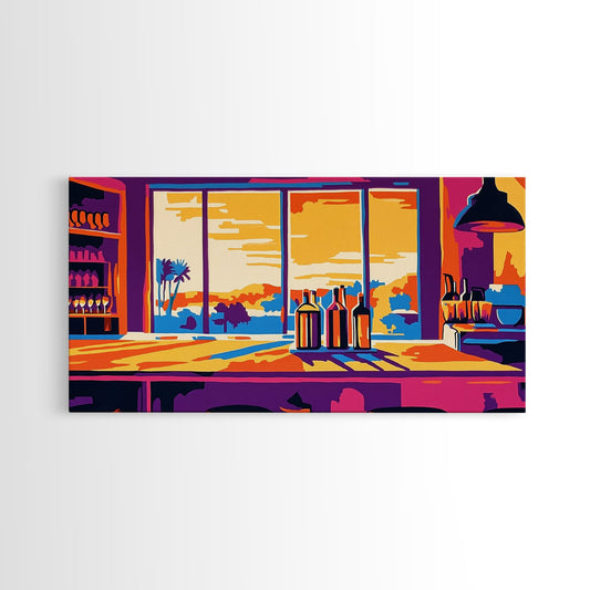 Bar Sunset, Wine Bottles, Cozy Kitchen, Framed Canvas Print, Wall Art, Modern Home, Dining Room, Cocktail Lounge, Warm Colors, Vibrant Art