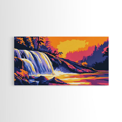 Waterfall, Forest, Autumn Sunset, Peaceful Scenery, Framed Canvas Print, Cabin Retreat, Rustic Home, Relaxing Nature, Vibrant Colors