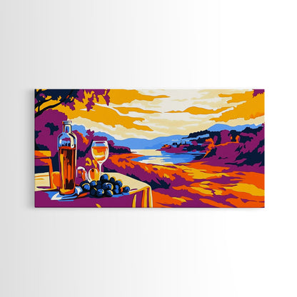 Wine and Sunset, Coastal Vineyard Art, Framed Canvas Print, Kitchen Wall Decor, Rustic Countryside Art, Tuscany Inspired