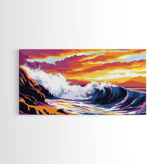 Crashing Wave, Sunset Surf, Nautical Wall Art, Framed Canvas Print, Coastal Decor, Ocean Lover Gift, Tropical Beach Art, Beach House Style