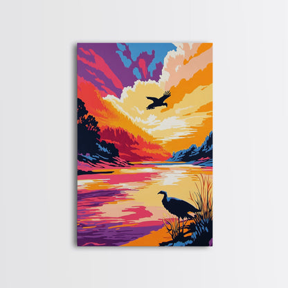 Sunset River, Birds, Framed Canvas Print, Vibrant Nature Art, Wildlife Wall Art, Autumn Landscape, Office Artwork, Colorful Sunset Scene