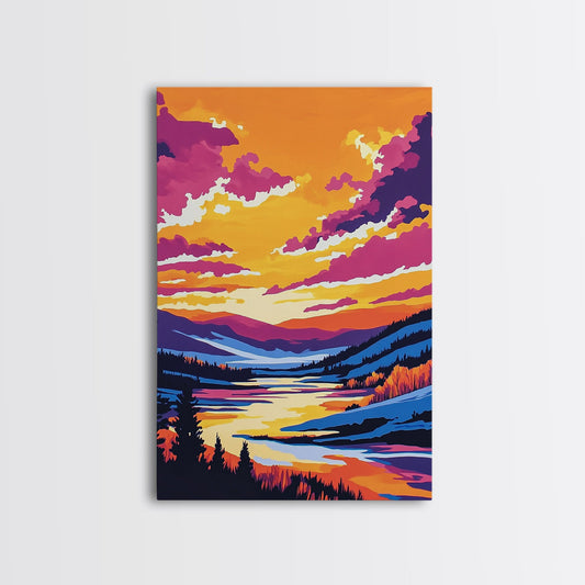 Sunset Valley, Reflection, Framed Canvas Print, Mountain River Art, Vibrant Landscape, Living Room Wall Art, Rustic Home Decor