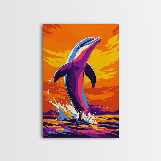 Dolphin Ocean, Sunset, Framed Canvas Print, Vibrant Sea Life Art, Beach House Decor, Coastal Living Art, Sunset Painting, Nautical Theme