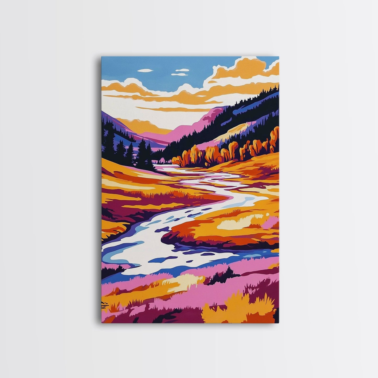 Autumn River, Valley, Canvas Print, Vibrant Fall Landscape, Cabin Wall Decor, Warm Color Palette, Nature Lover Gift, Cozy Home Wall Art