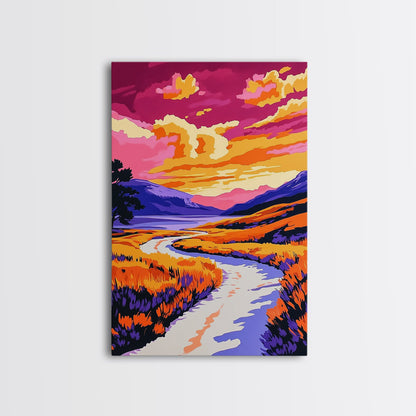 Sunset River, Vibrant Reflections, Colorful Landscape, Nature Art, Framed Canvas Print, Living Room Wall Art, Rustic Decor, Autumn Scene