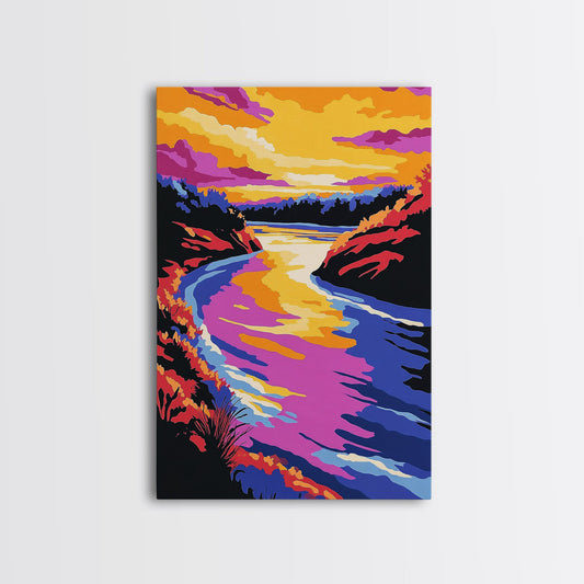 Sunset River Bend, Vibrant Landscape, Colorful Sky, Bold Nature, Framed Canvas Print, Living Room Art, Rustic Wall Decor, Boho Landscape