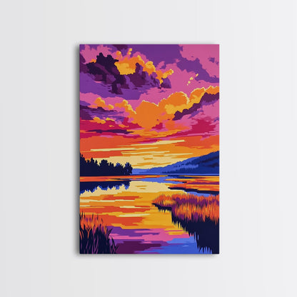 Sonnenuntergangsspiegelung, lebendige Naturkunst, Herbstlandschaft, malerische Wanddekoration, gerahmter Leinwanddruck, Wandbild fürs Wohnzimmer, Boho-Kunst