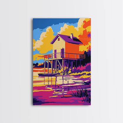 Sunset Cabin, Lake House, Scenic Art, Framed Canvas Print, Colorful Wall Art, Rustic Decor, Nature Painting, Living Room Wall Art