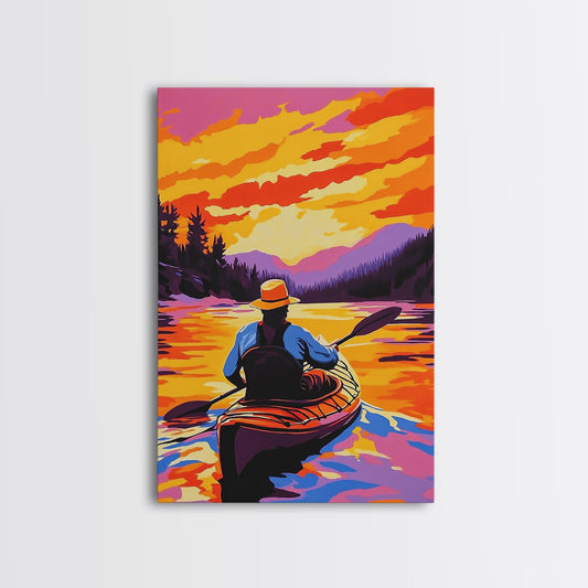 Kayaker Journey, Scenic River Painting, Vibrant Water Art, Framed Canvas Print, Adventure Wall Decor, Nature Lover Art, Sports Wall Art