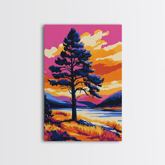 Lone Tree, Mountain Landscape, Vibrant Nature Art, Sunset Painting, Framed Canvas Print, Wilderness Decor, Autumn Wall Art, Office Decor
