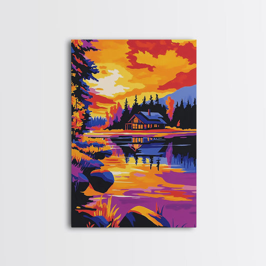 Cabin Reflection, Lakeside Art, Autumn Wall Decor, Rustic Landscape, Framed Canvas Print, Cozy Cottagecore Art, Living Room Wall Art