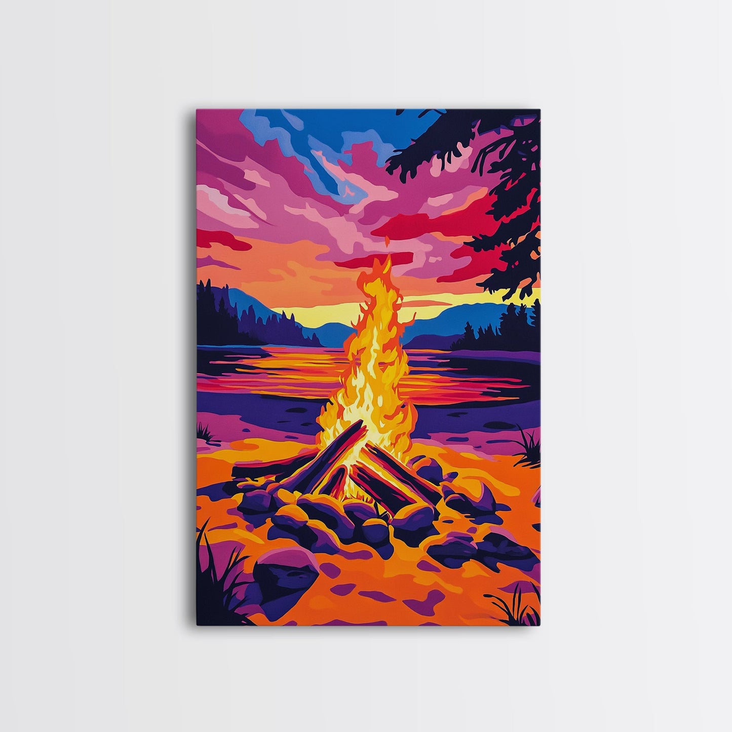 Campfire at Sunset, Framed Canvas Print, Cozy Outdoor Scene, Vibrant Warm Colors, Rustic Cabin Wall Art, Nature Art, Living Room Accent