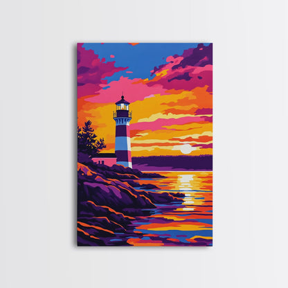 Leuchtturm, Sonnenuntergang, Küste, Meereslandschaft, gerahmter Leinwanddruck, nautische Dekoration, Wandbild fürs Strandhaus, lebendiges Ozeangemälde, Wohnzimmerkunst