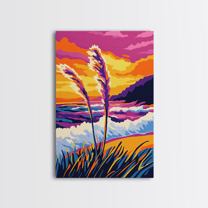 Coastal, Waves, Beach, Ocean, Framed Canvas Print, Vibrant Beach Art, Tropical Wall Decor, Living Room Art, Colorful Nautical Painting
