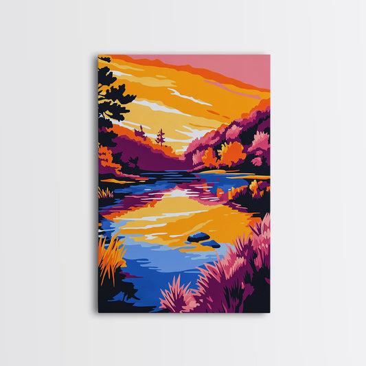 Tranquil Stream, Sunset Reflection, Framed Canvas Print, Cozy Wall Art, Nature Retreat Decor, Living Room Artwork, Serene Landscape