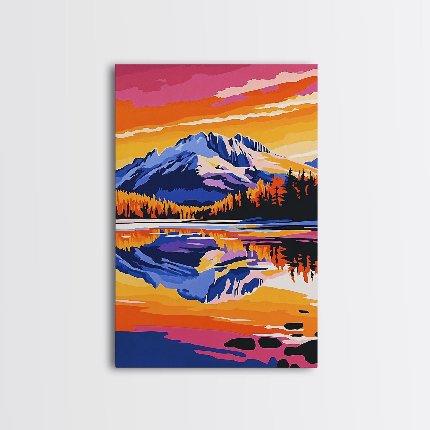 Hoch aufragende Kiefern, goldener Schein, majestätische Bäume, gerahmter Leinwanddruck, Naturgemälde, Waldlandschaft, Herbstliche Wanddekoration, Wohnzimmerdeko