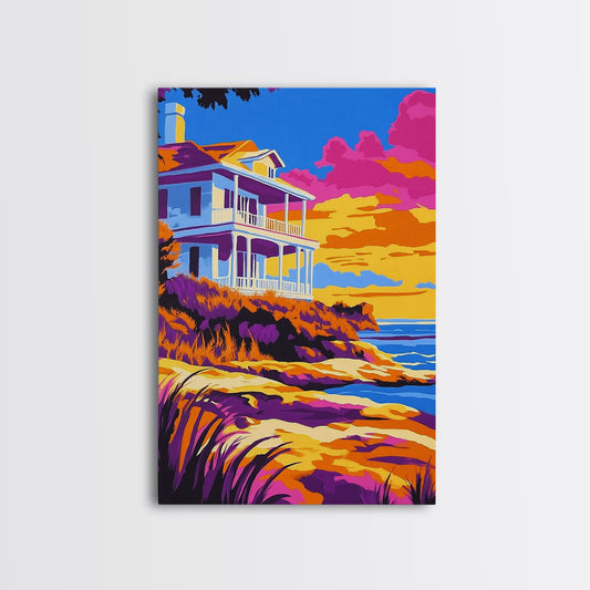 Coastal Home, Seaside Escape, Beach House, Canvas Print, Ocean Wall Art, Vibrant Summer Decor, Living Room Wall Art
