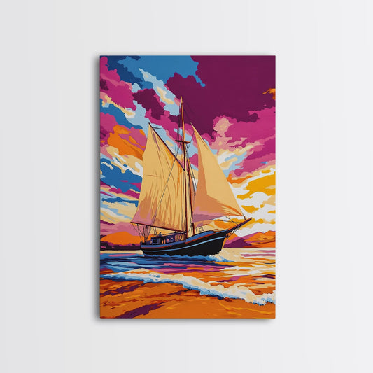 Sailing, Ocean Sunset, Nautical Art, Framed Canvas Print, Coastal Wall Art, Vibrant Seascape, Living Room Decor, Beach House Art