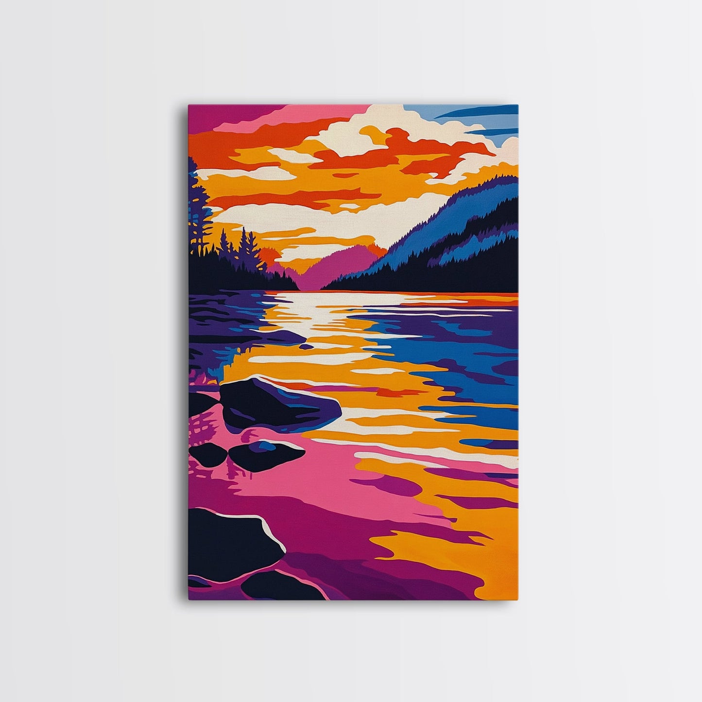 Lake, Reflective Sunset, Tranquil Nature, Canvas Print, Serene Landscape, Home Wall Art, Mountain View Decor, Living Room Artwork