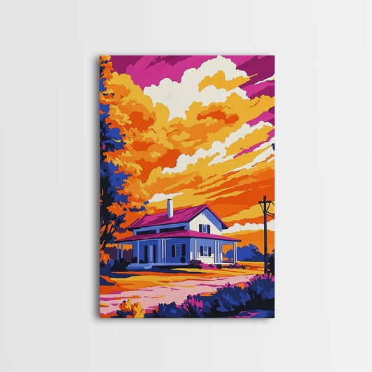 Country Home, Sunset Farmhouse, Rustic Landscape, Warm Colors, Cozy Art, Vintage Style, Framed Canvas Print, Living Room, Bedroom Decor