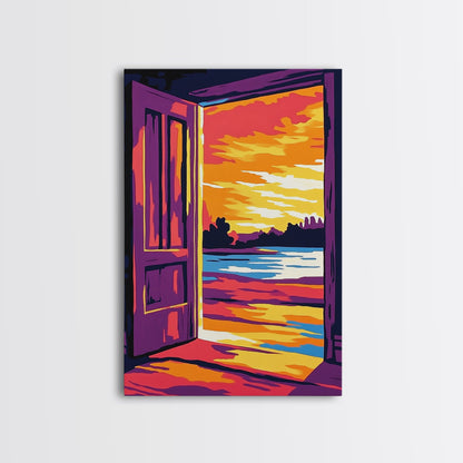 Offene Tür, Sonnenuntergangsmotiv, Gemälde mit warmem Licht, Einladende Wohndekoration, Inspirierende Wandkunst, Gemütliche Inneneinrichtung, Gerahmter Leinwanddruck