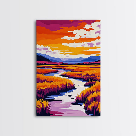 River Landscape Painting, Autumn Wall Art, Nature Inspired Print, Warm Color Palette, Framed Canvas Print, Cozy Living Room Decor