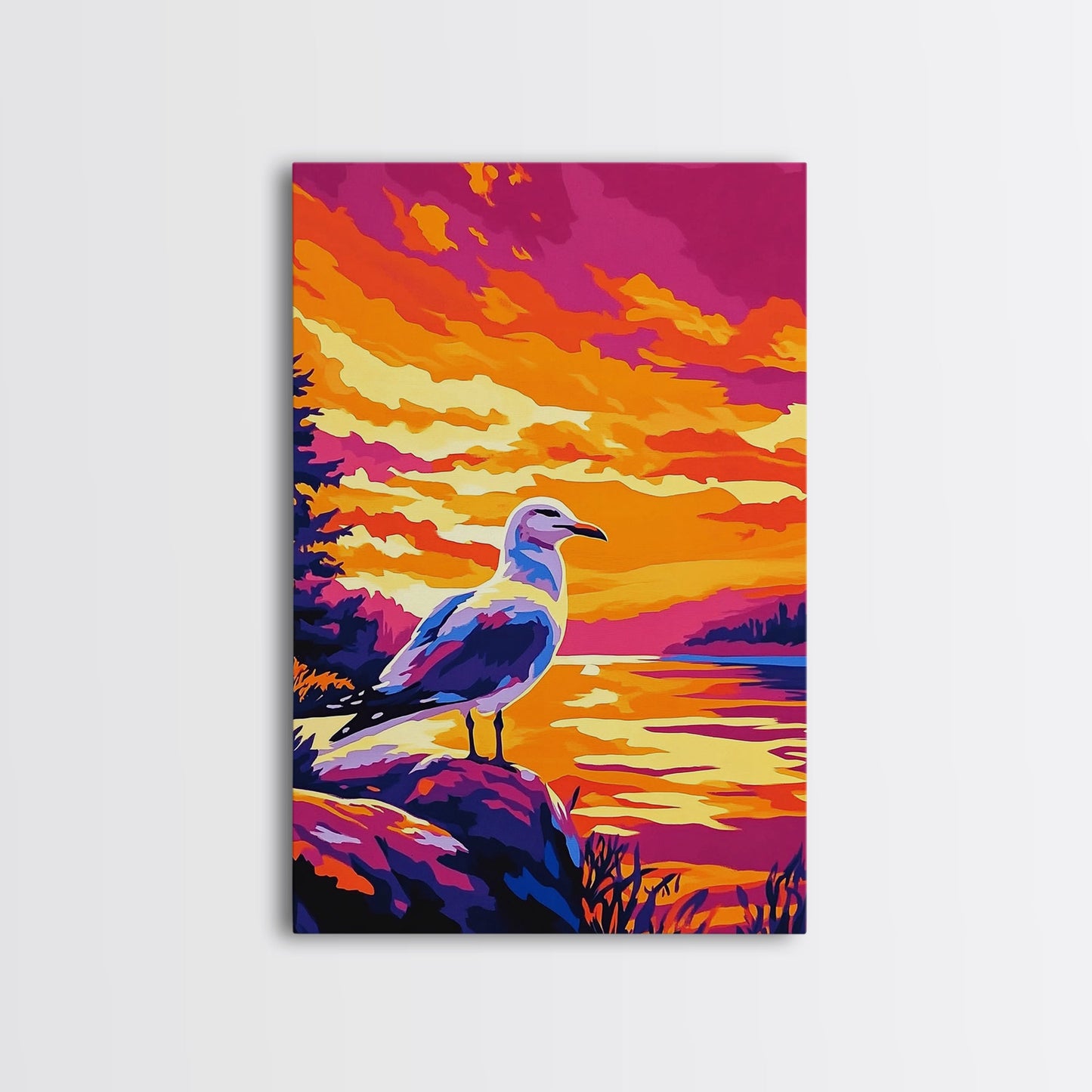 Seagull Sunset Art, Coastal Bird Painting, Ocean Landscape Print, Beach House Wall Decor, Framed Canvas Print, Nautical Bedroom Artwork