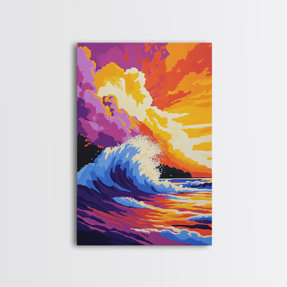 Powerful Ocean Wave, Surfing Wall Art, Vibrant Sunset Seascape, Coastal Home Decor, Framed Canvas Print, Beach House Living Room Art