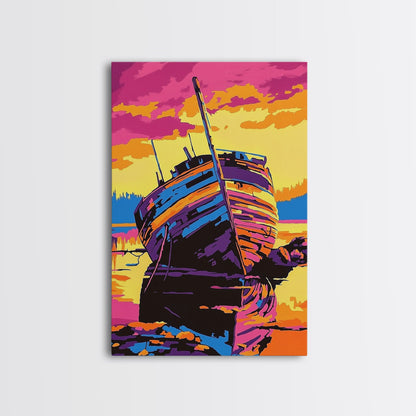 Shipwreck, Abandoned, Sunset, Canvas Print, Nautical Wall Art, Coastal Home Decor, Weathered Beauty, Beach House, Maritime Aesthetic