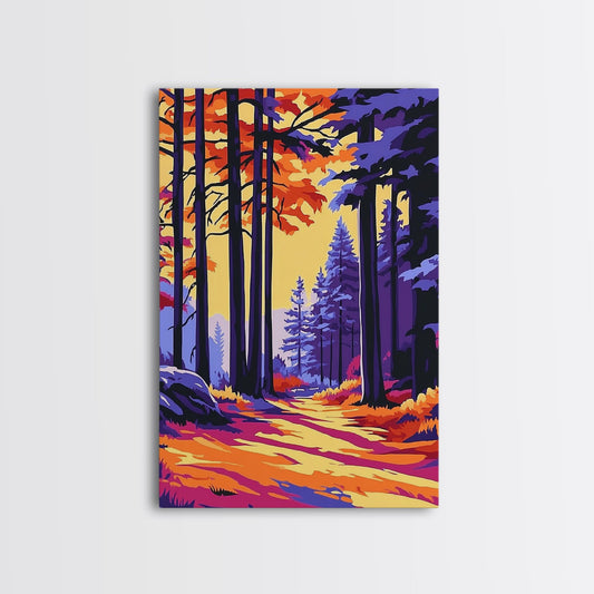 Autumn Forest, Sunlit Path, Fall Foliage, Framed Canvas Print, Rustic Home Decor, Cozy Cabin Wall Art, Nature Scene, Warm Colors