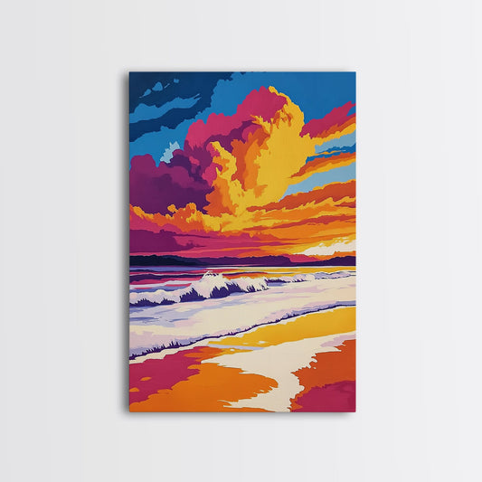Beach Sunset, Vibrant Waves, Ocean Wall Art, Coastal Decor, Framed Canvas Print, Tropical Art, Living Room Art, Summer Aesthetic